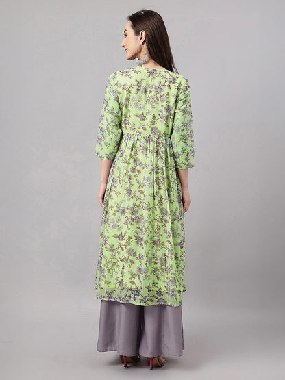 Janasya Women's Lime Green Lurex Chiffon Floral Printed A-Line Kurta