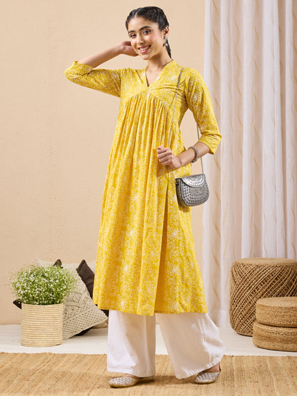Janasya Women's Yellow Pure Cotton Floral Printed A-line Flared Kurta