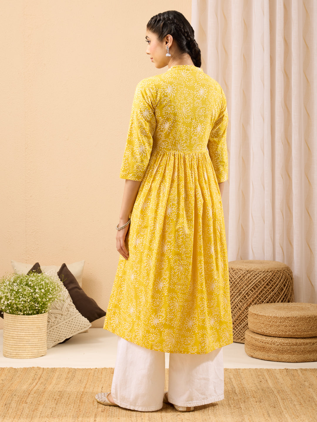 Janasya Women's Yellow Pure Cotton Floral Printed A-line Flared Kurta