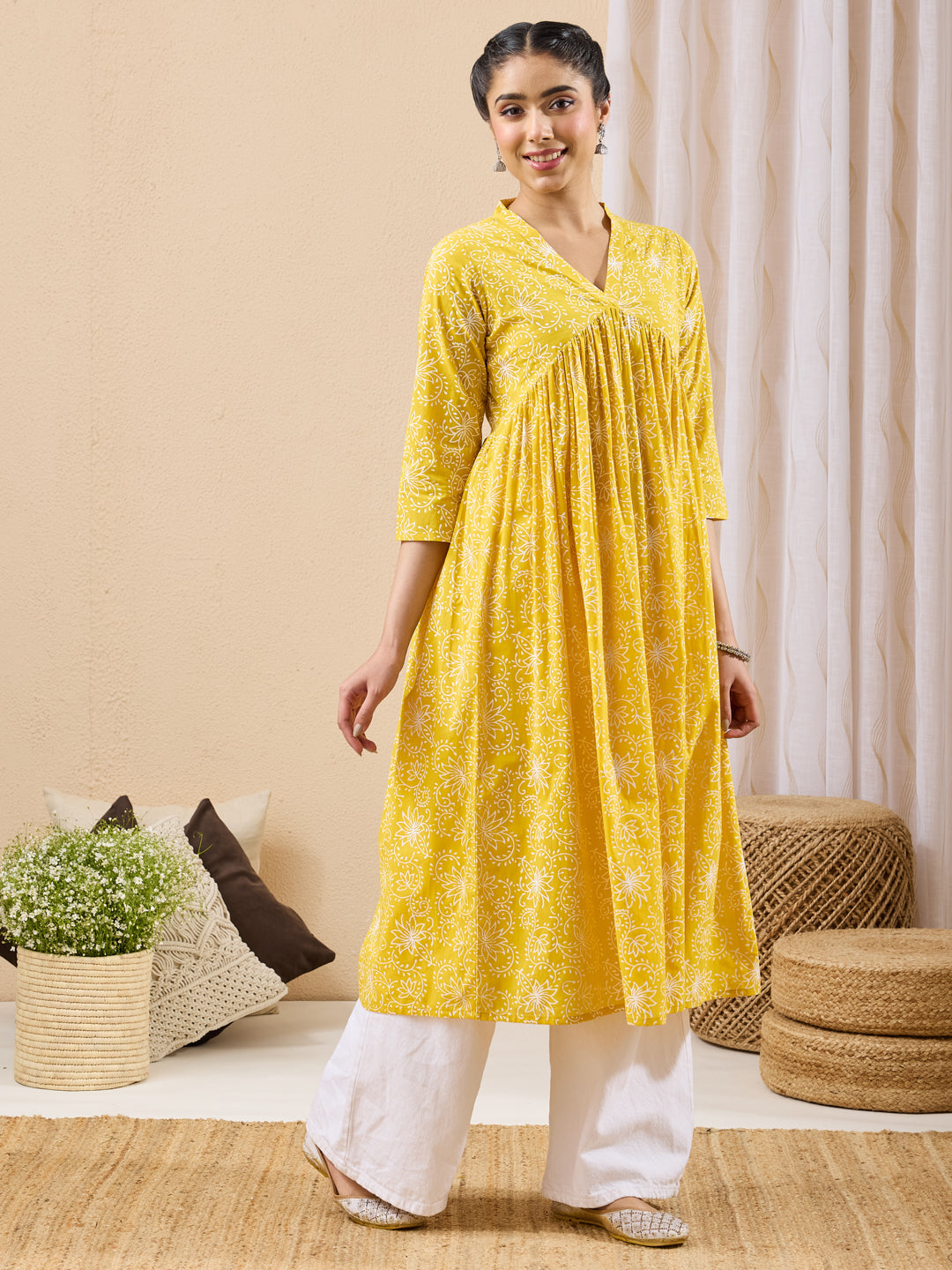 Janasya Women's Yellow Pure Cotton Floral Printed A-line Flared Kurta