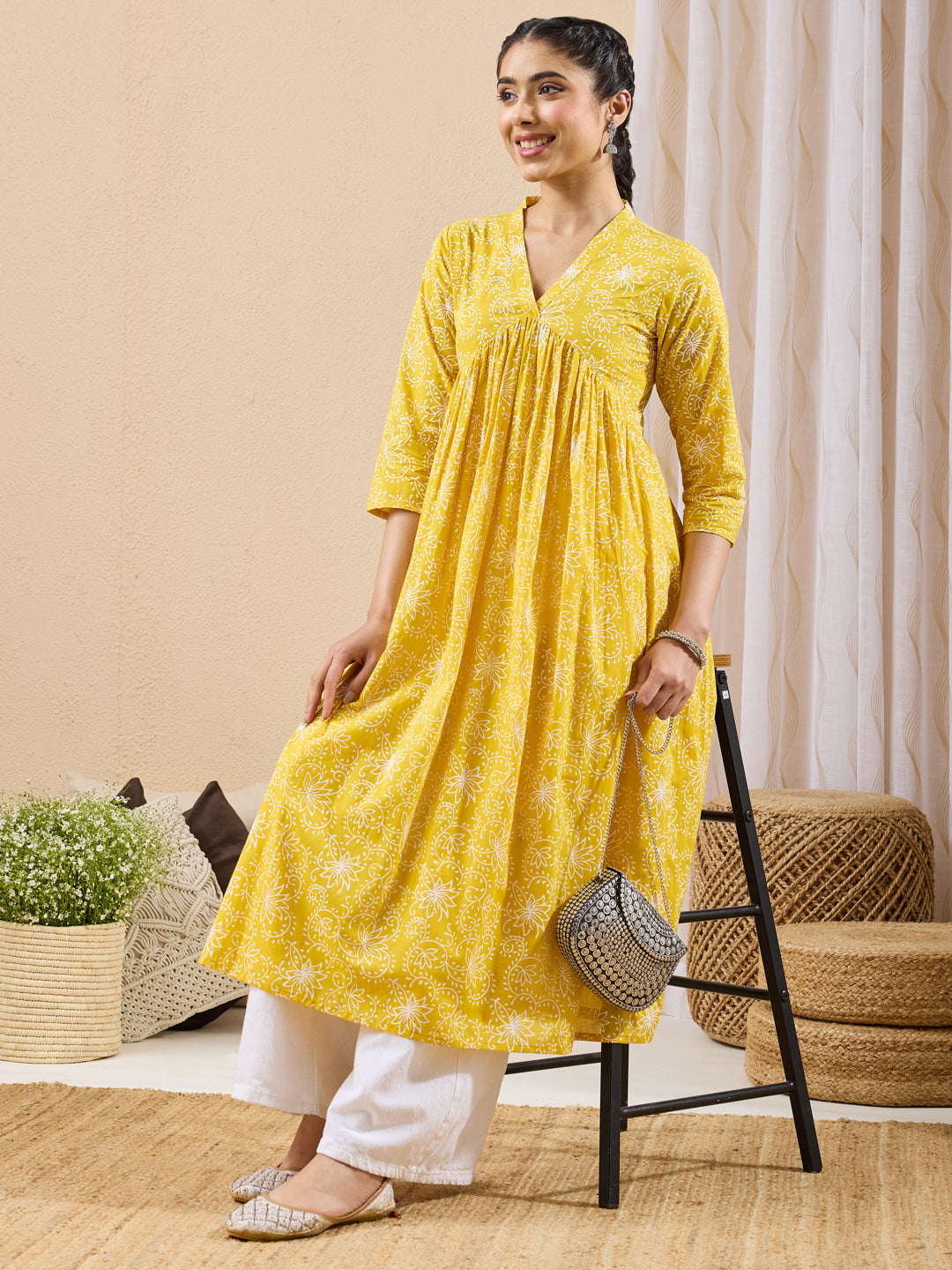 Janasya Women's Yellow Pure Cotton Floral Printed A-line Flared Kurta