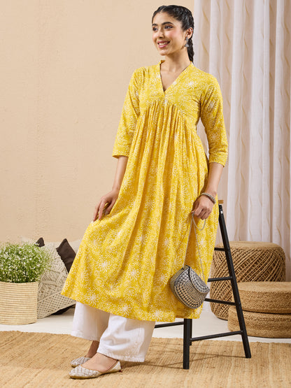 Janasya Women's Yellow Pure Cotton Floral Printed A-line Flared Kurta