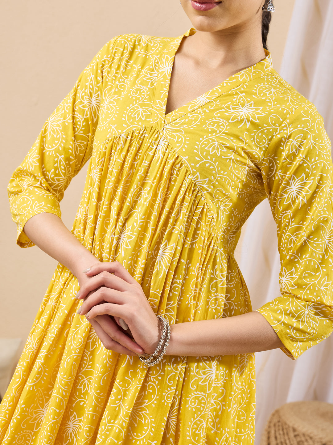 Janasya Women's Yellow Pure Cotton Floral Printed A-line Flared Kurta