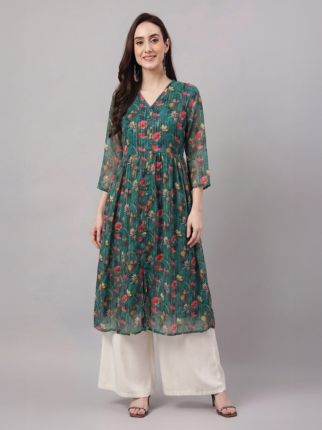 Janasya Women's Bottle Green Lurex Chiffon Floral Printed A-Line Kurta