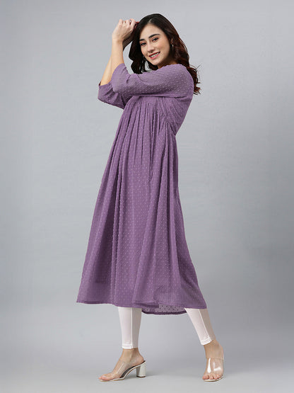 Janasya Women's Lavender Dobby Chiffon Self Design Flared Kurta