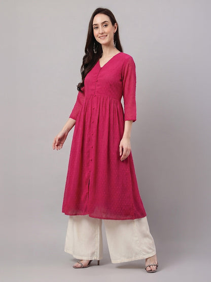 Janasya Women's Pink Dobby Chiffon Solid A-Line Kurta