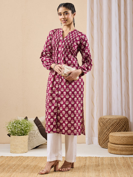 Janasya Women's Purple Pure Cotton Floral Printed Straight Kurta
