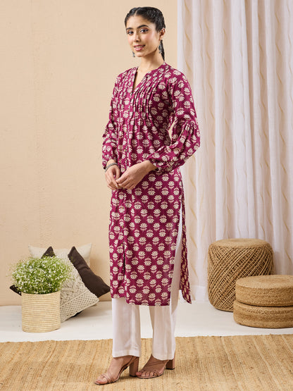 Janasya Women's Purple Pure Cotton Floral Printed Straight Kurta