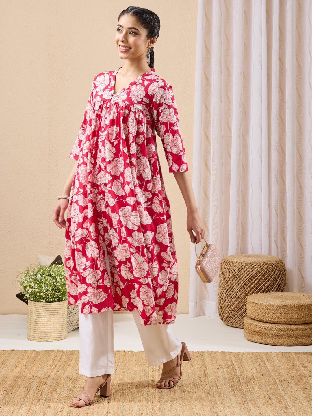 Janasya Women's Pink Pure Cotton Floral Printed A-line Kurta