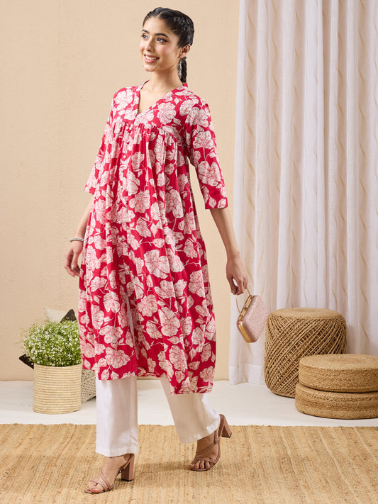 Janasya Women's Pink Pure Cotton Floral Printed A-line Kurta