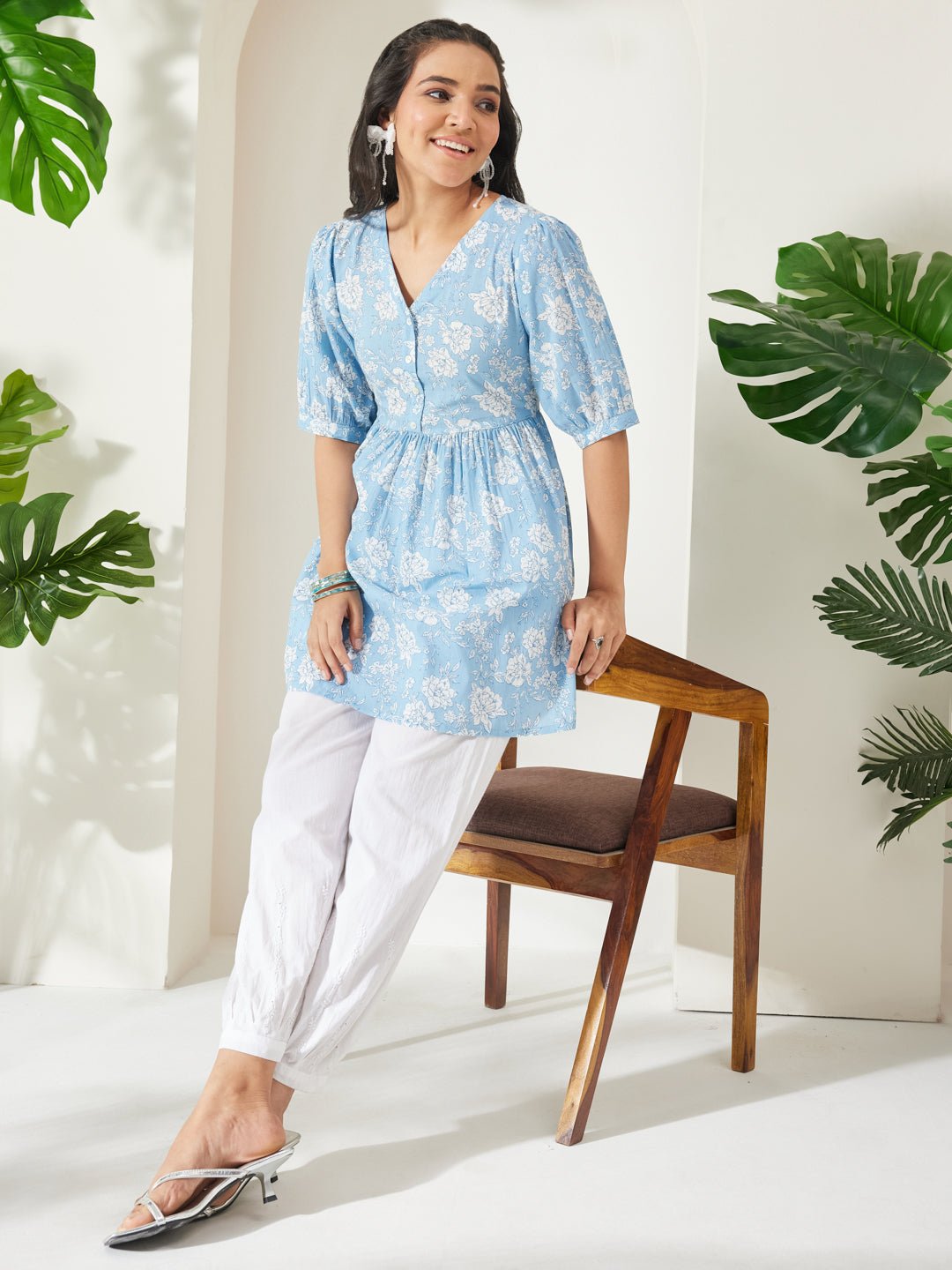 Janasya Women's Powder Blue Pure Cotton Floral Printed A-Line Top
