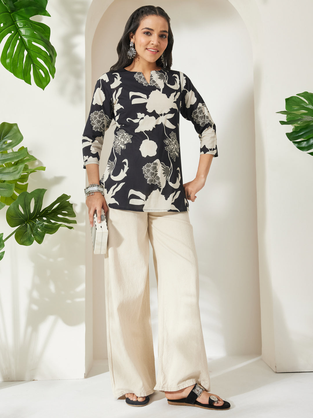 Janasya Women's Black Cotton Floral Printed A-line Top