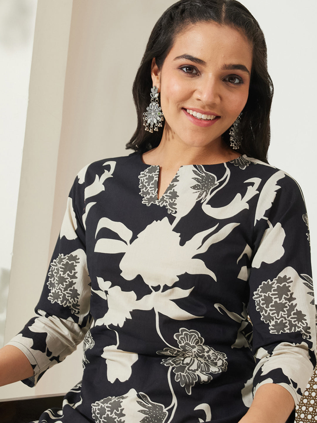 Janasya Women's Black Cotton Floral Printed A-line Top