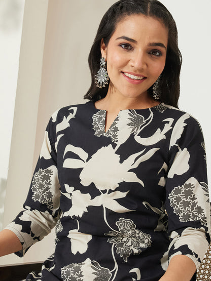 Janasya Women's Black Cotton Floral Printed A-line Top