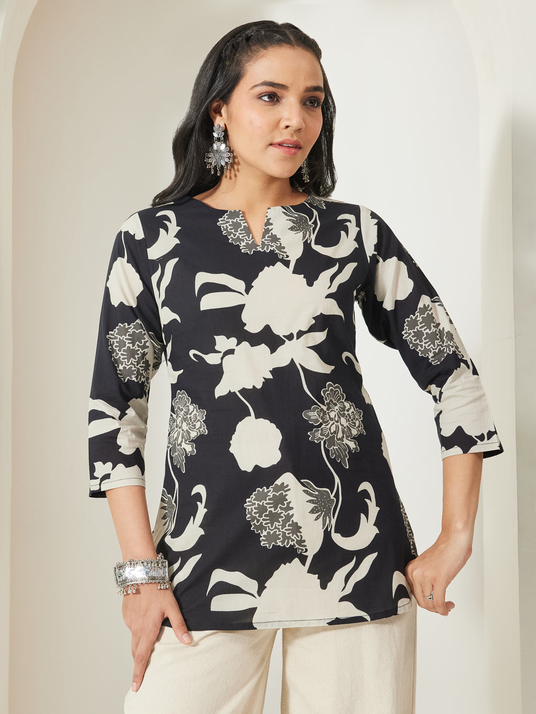 Janasya Women's Black Cotton Floral Printed A-line Top