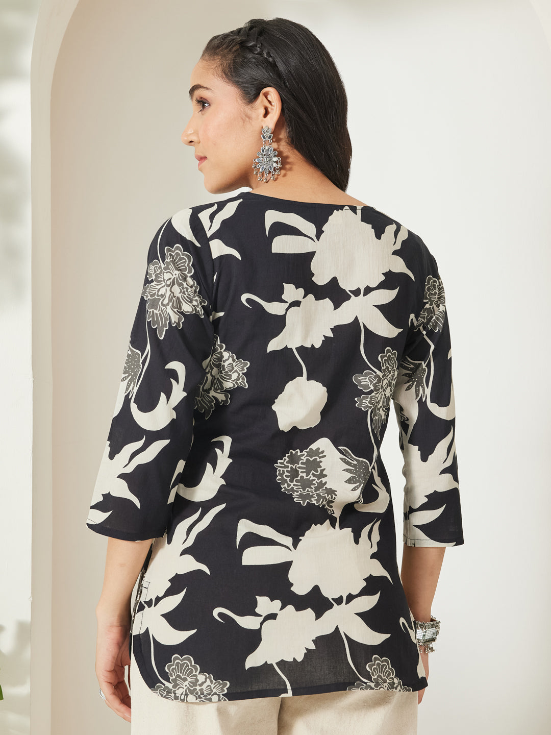Janasya Women's Black Cotton Floral Printed A-line Top