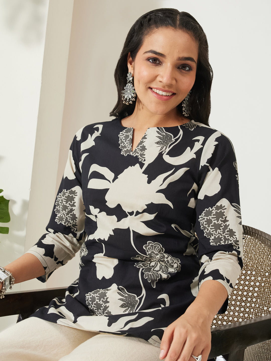 Janasya Women's Black Cotton Floral Printed A-line Top