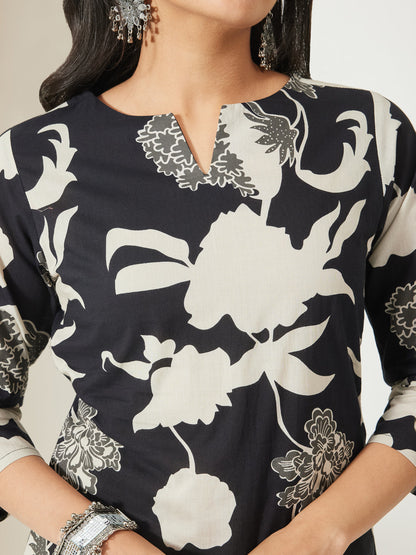 Janasya Women's Black Cotton Floral Printed A-line Top