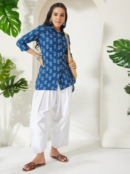 Janasya Women's Indigo Pure Cotton Floral Printed Shirt Style Top