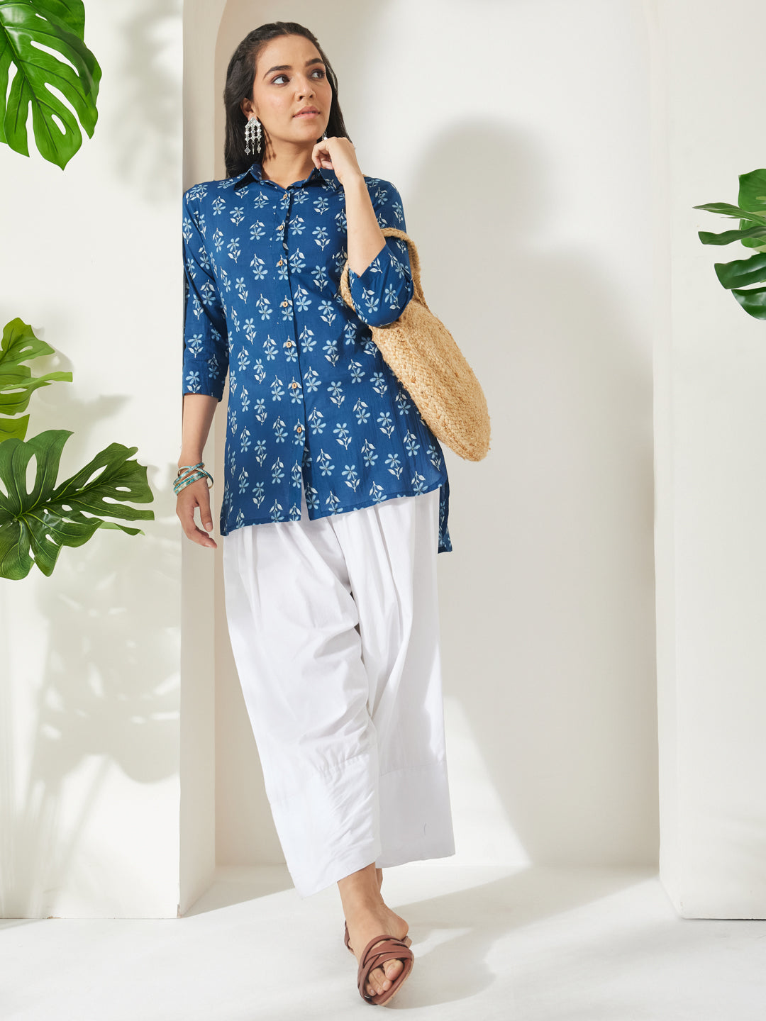 Janasya Women's Indigo Pure Cotton Floral Printed Shirt Style Top