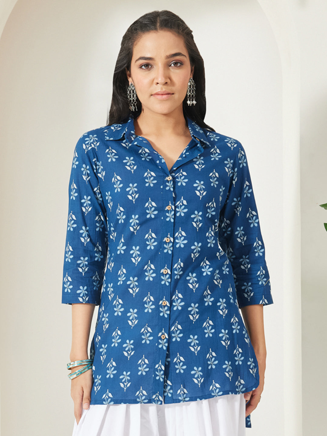 Janasya Women's Indigo Pure Cotton Floral Printed Shirt Style Top
