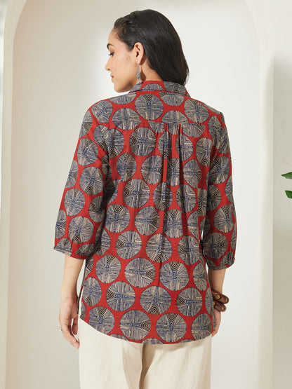 Janasya Women's Rust Pure Cotton Geometric Printed Shirt Style Top