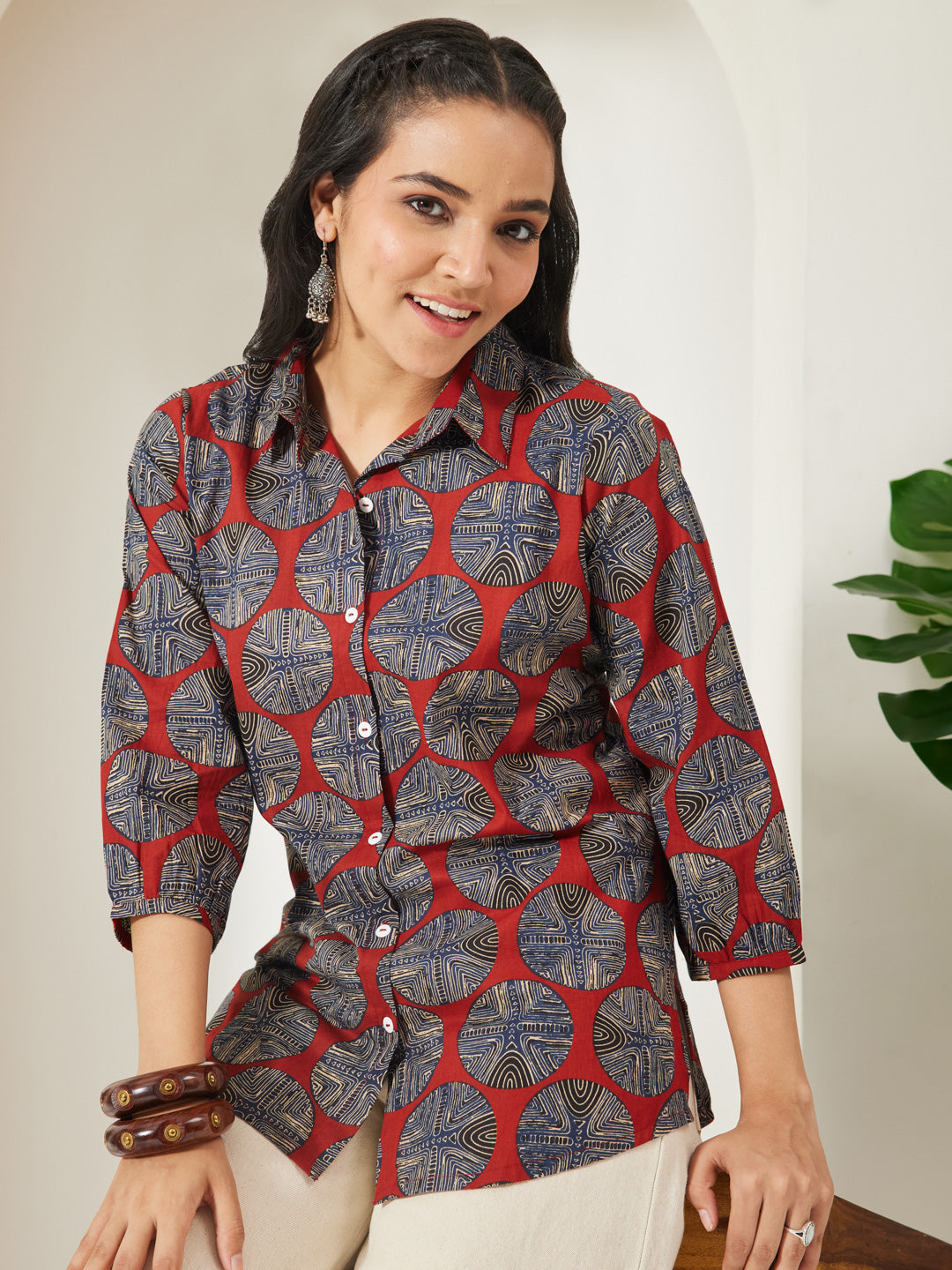 Janasya Women's Rust Pure Cotton Geometric Printed Shirt Style Top