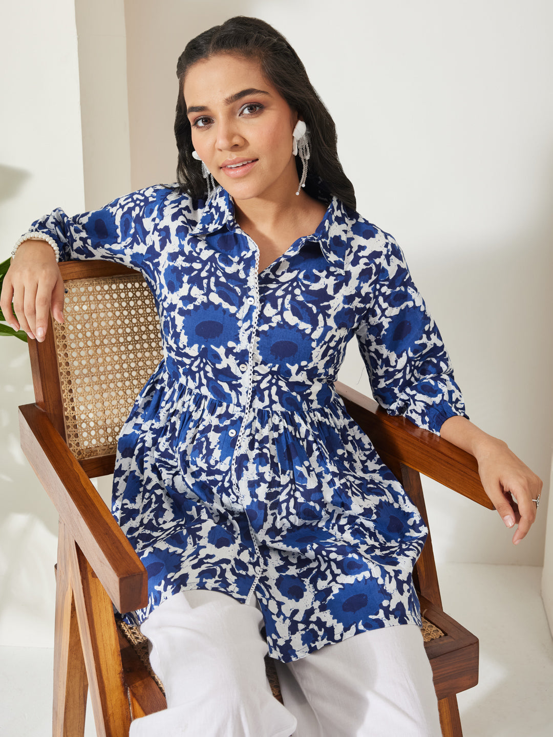 Janasya Women's Blue Pure Cotton Abstract Printed Gathered Top