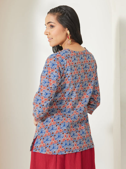 Janasya Women's Blue Pure Cotton Geometric Printed A-Line Top