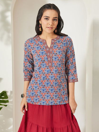 Janasya Women's Blue Pure Cotton Geometric Printed A-Line Top