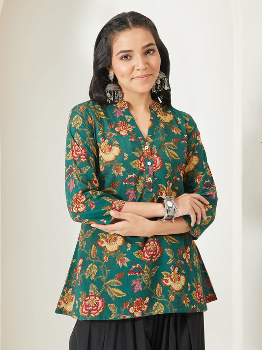 Janasya Women's Green Pure Cotton Floral Printed A-Line Top