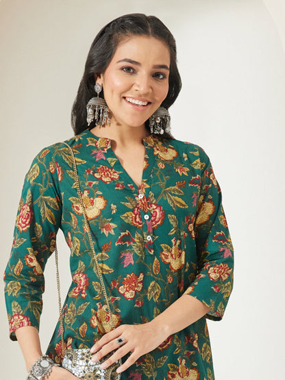 Janasya Women's Green Pure Cotton Floral Printed A-Line Top