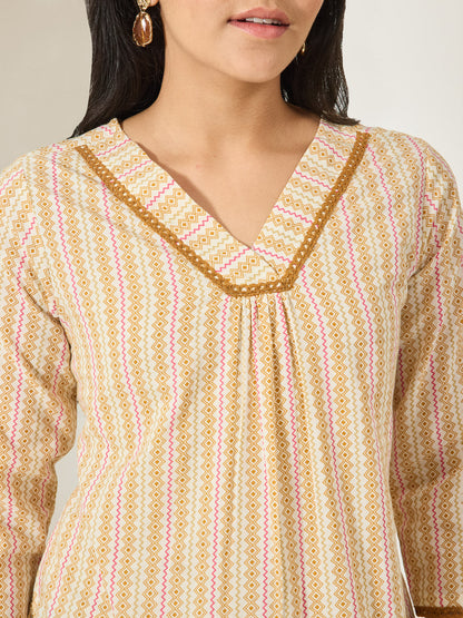Janasya Women's Cream Color Pure Cotton Geometric Printed A-Line Top