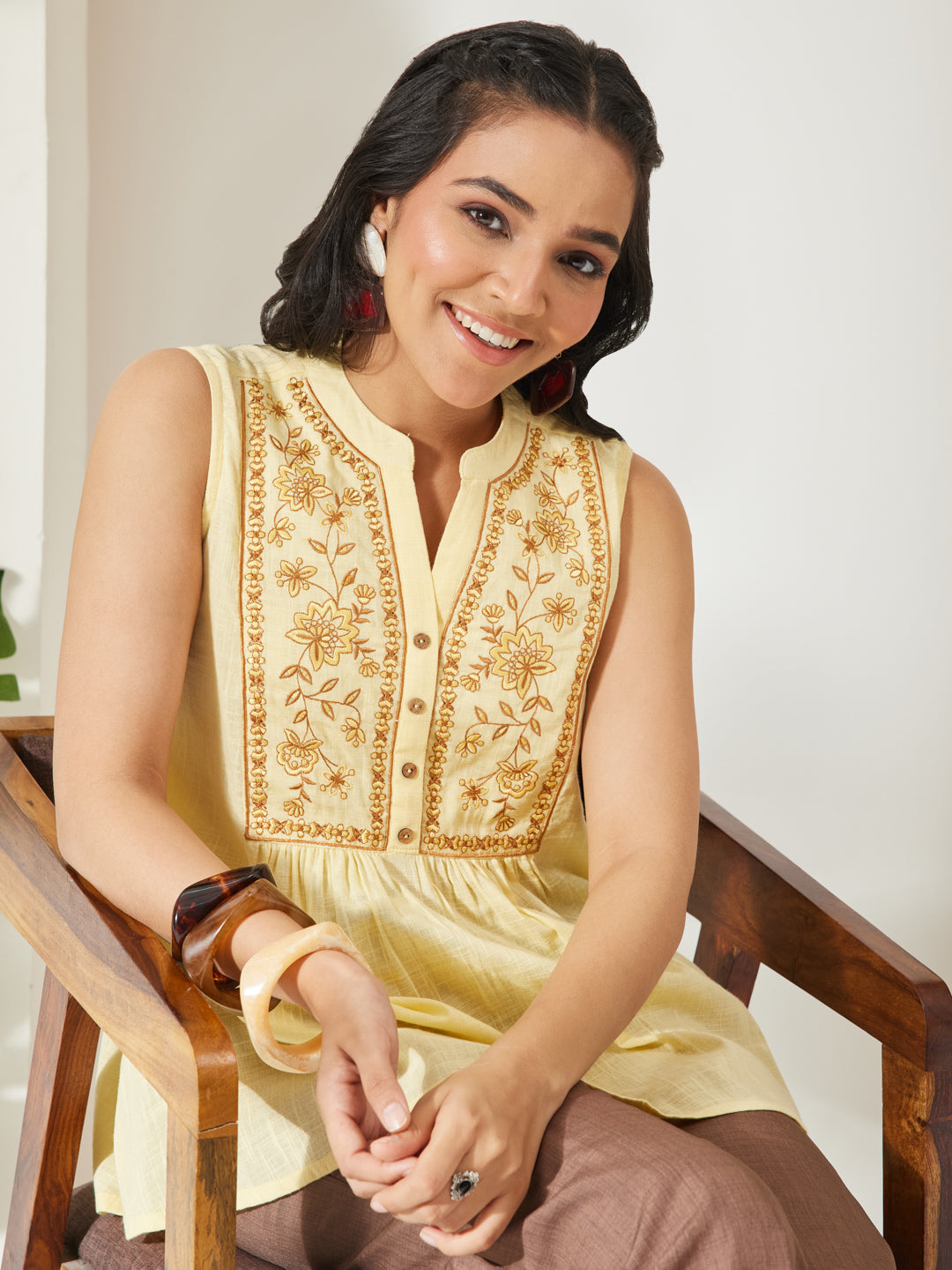 Janasya Women's Yellow Linen Cotton Embroidered A-Line TOP
