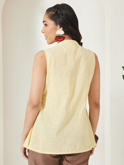 Janasya Women's Yellow Linen Cotton Embroidered A-Line TOP