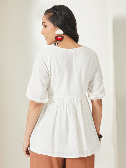 Janasya Women's Off White Cotton Embroidered Peplum Top