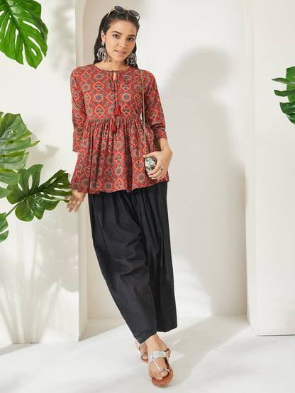 Janasya Women's Rust Pure Cotton Ajrakh Printed Peplum Top