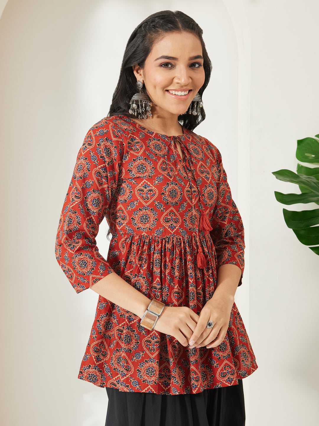 Janasya Women's Rust Pure Cotton Ajrakh Printed Peplum Top