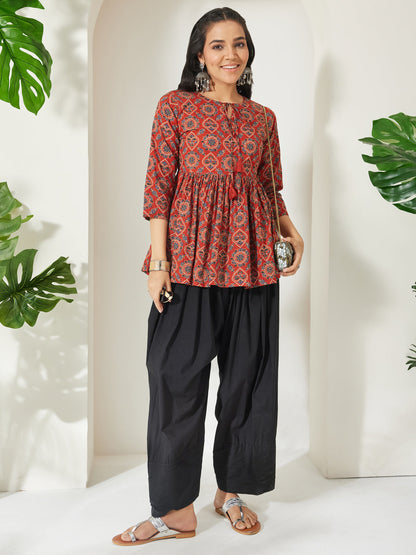 Janasya Women's Rust Pure Cotton Ajrakh Printed Peplum Top