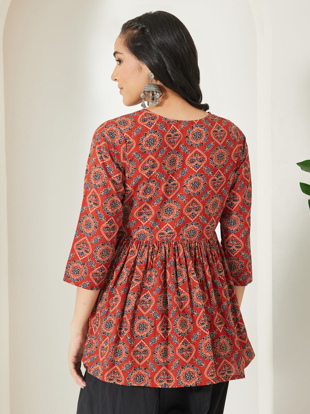 Janasya Women's Rust Pure Cotton Ajrakh Printed Peplum Top
