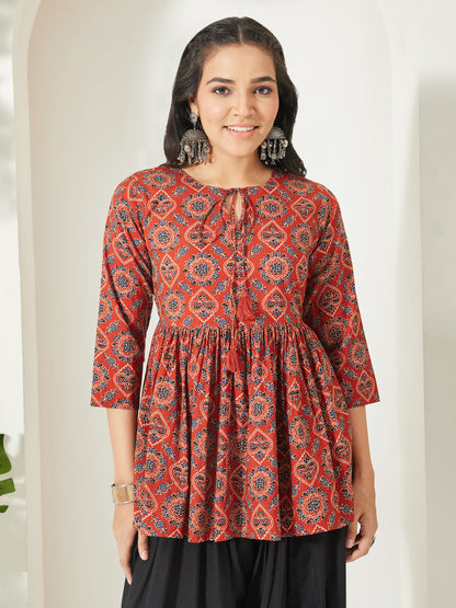 Janasya Women's Rust Pure Cotton Ajrakh Printed Peplum Top