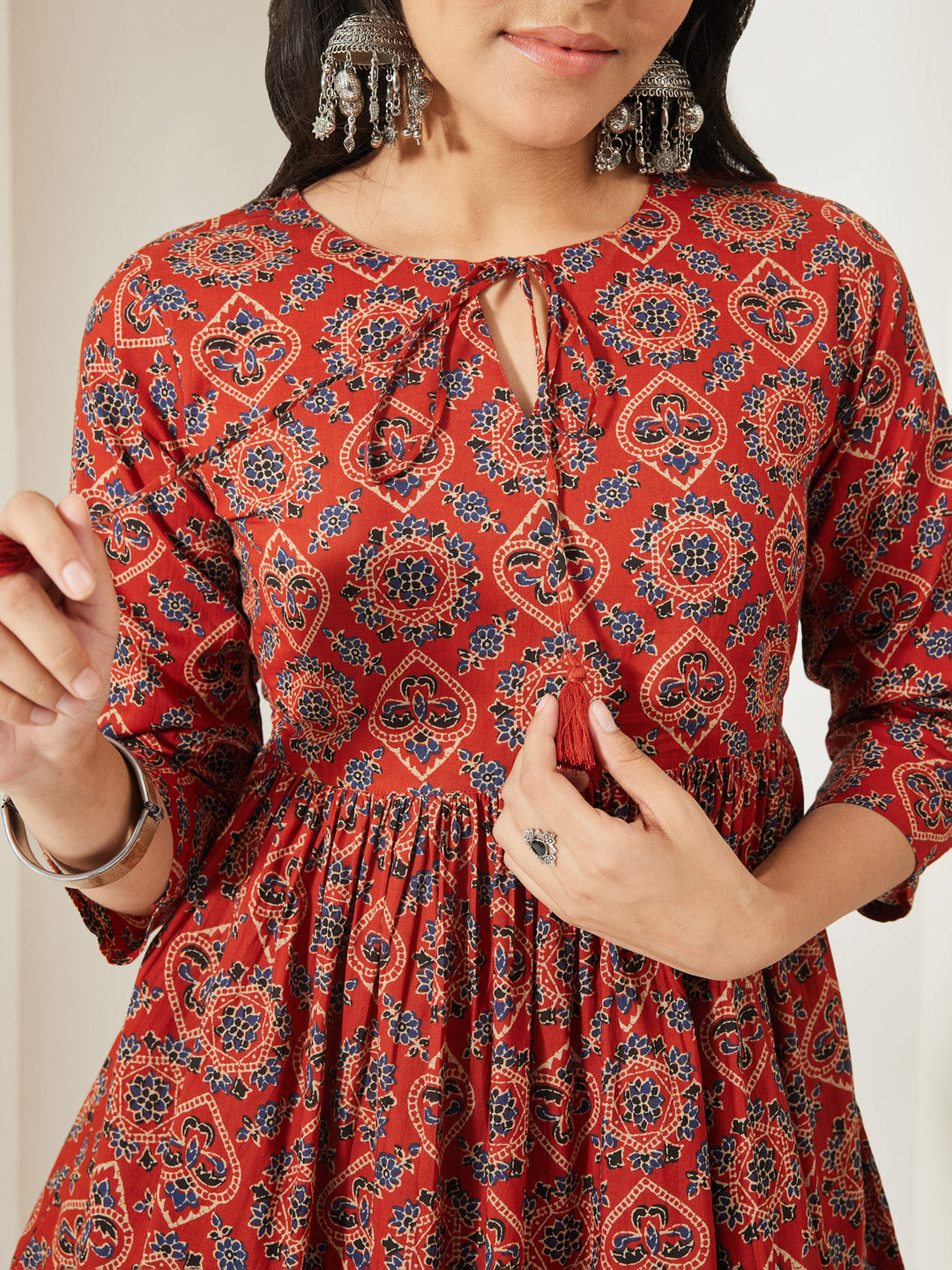 Janasya Women's Rust Pure Cotton Ajrakh Printed Peplum Top