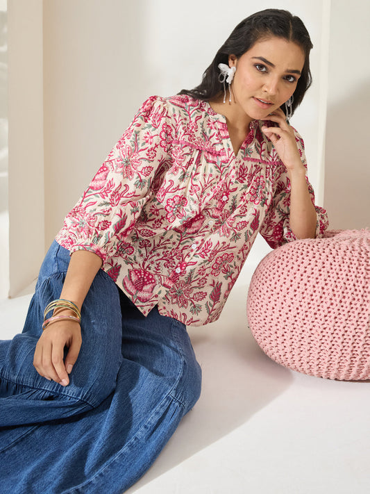 Janasya Women's Cream Pure Cotton Floral Printed Shirt Style Top