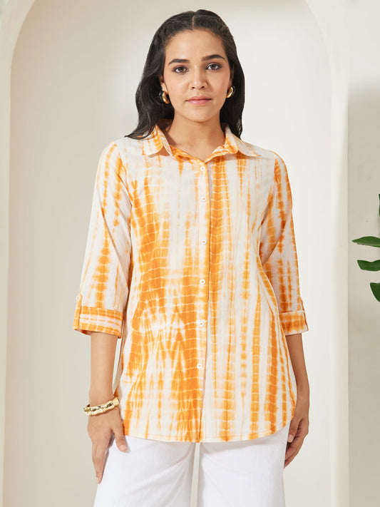 Janasya Women's Orange Pure Cotton Tie & dye Printed Shirt Top