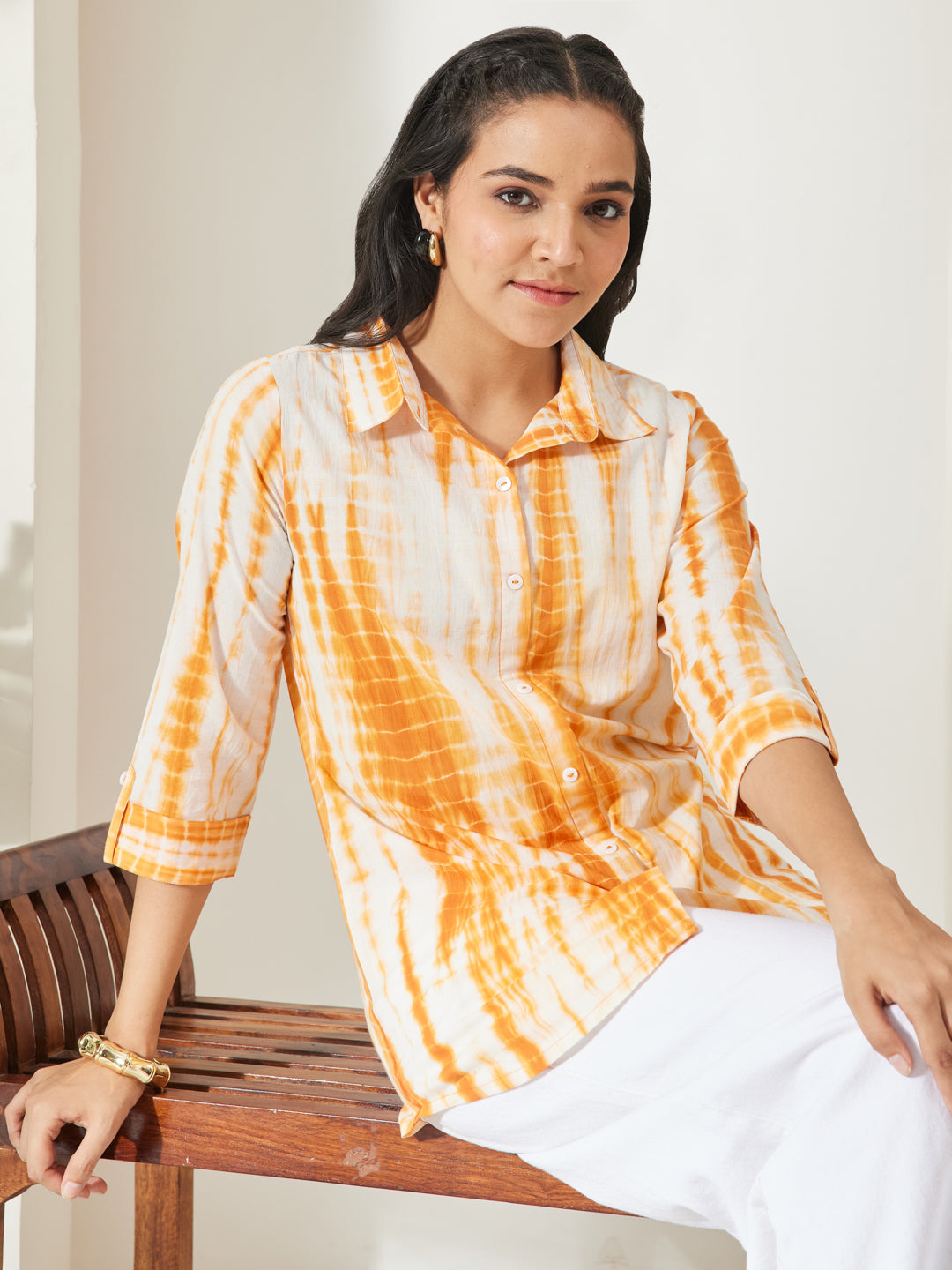 Janasya Women's Orange Pure Cotton Tie & dye Printed Shirt Top
