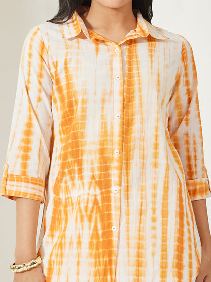 Janasya Women's Orange Pure Cotton Tie & dye Printed Shirt Top