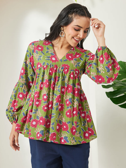 Janasya Women's Green Pure Cotton Floral Printed A-Line Top