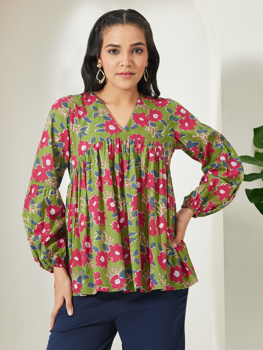 Janasya Women's Green Pure Cotton Floral Printed A-Line Top