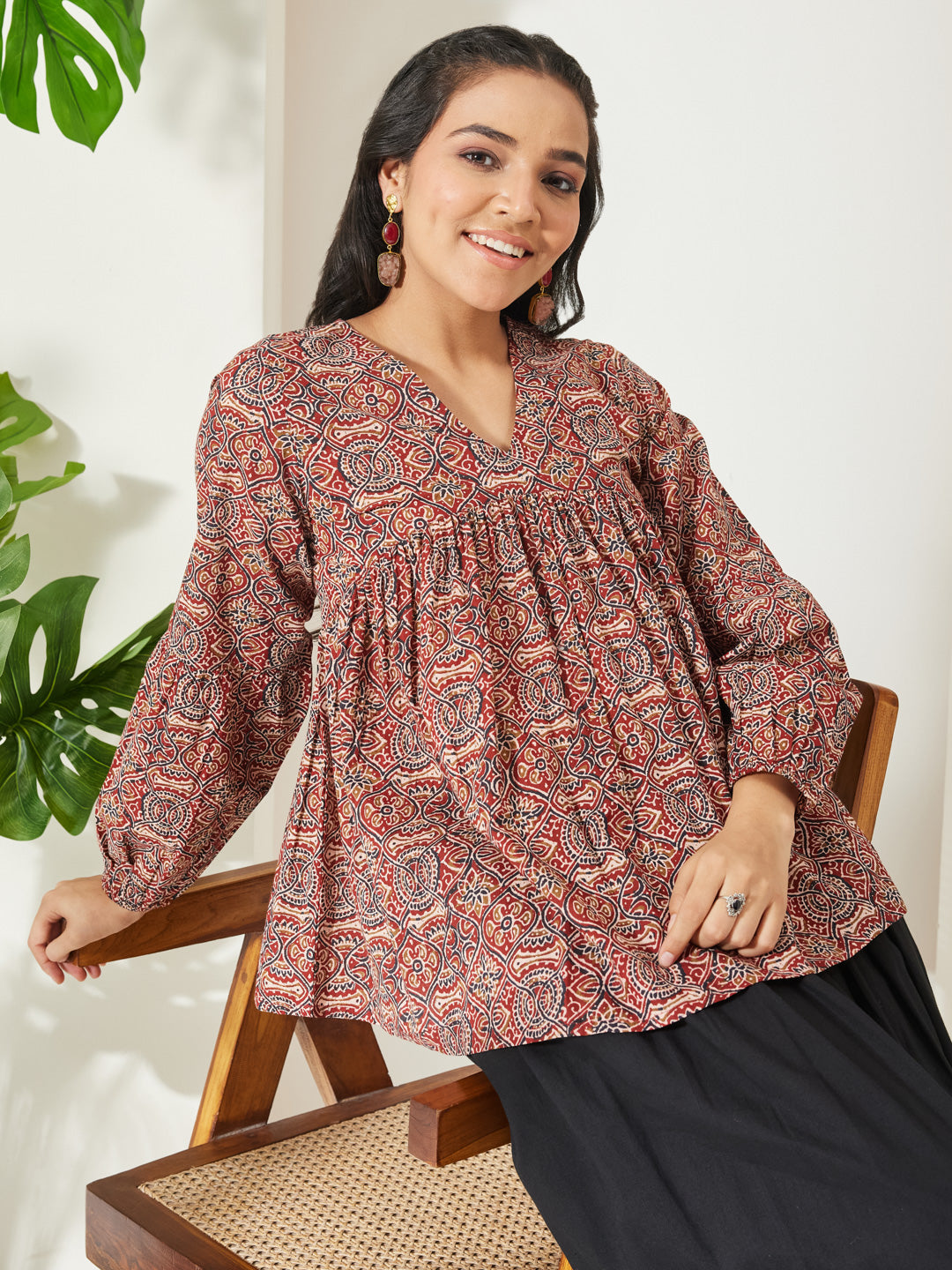 Janasya Women's Red Pure Cotton Ajrakh Printed Peplum Top