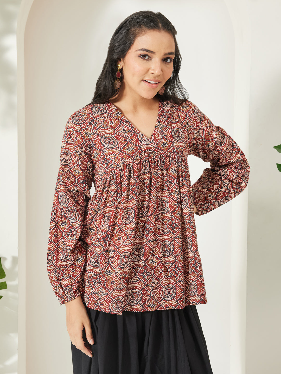 Janasya Women's Red Pure Cotton Ajrakh Printed Peplum Top